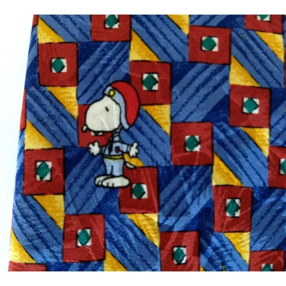 SNOOPY Peanuts Silk Tie Is It Friday Yet? Blue Red & Yellow Geometric Stripe USA